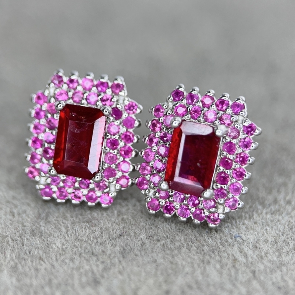 Silver Natural Ruby Glass Filled 925 Sterling Silver Stud Earrings NEW - Picture 2 of 4